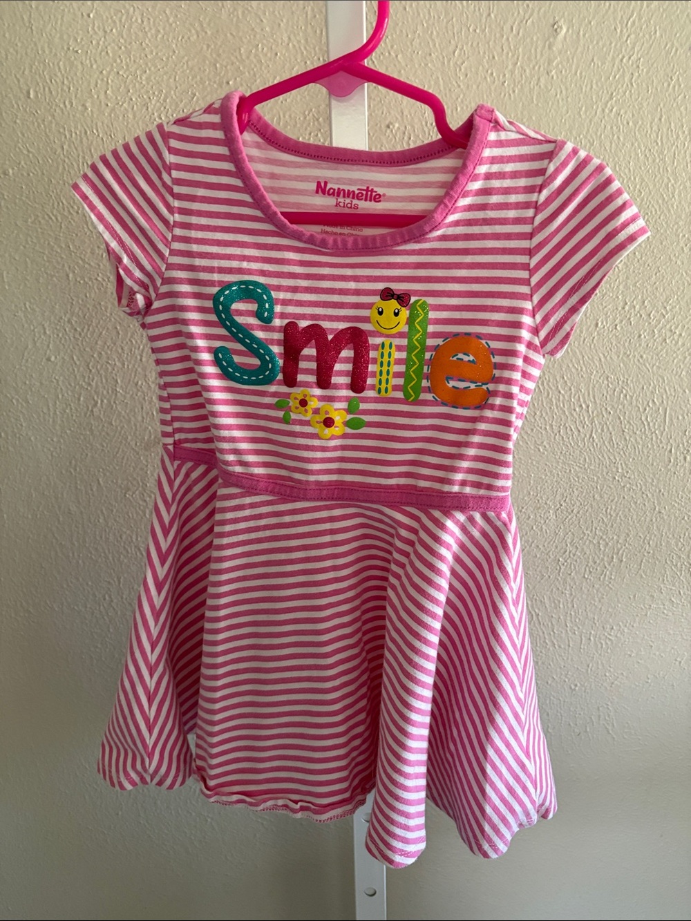 Nannette Pink and White Stripe "Smile" Applique Dress Childs Size 3T